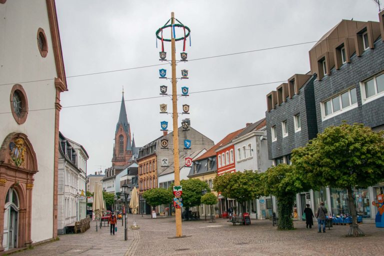 Maibaum in der Fußgängerzone aufgestellt