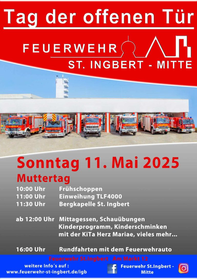 Am Muttertag öffnet die Feuerwehr die Tore in St. Ingbert – Segnung und Vorstellung neues Tanklöschfahrzeug