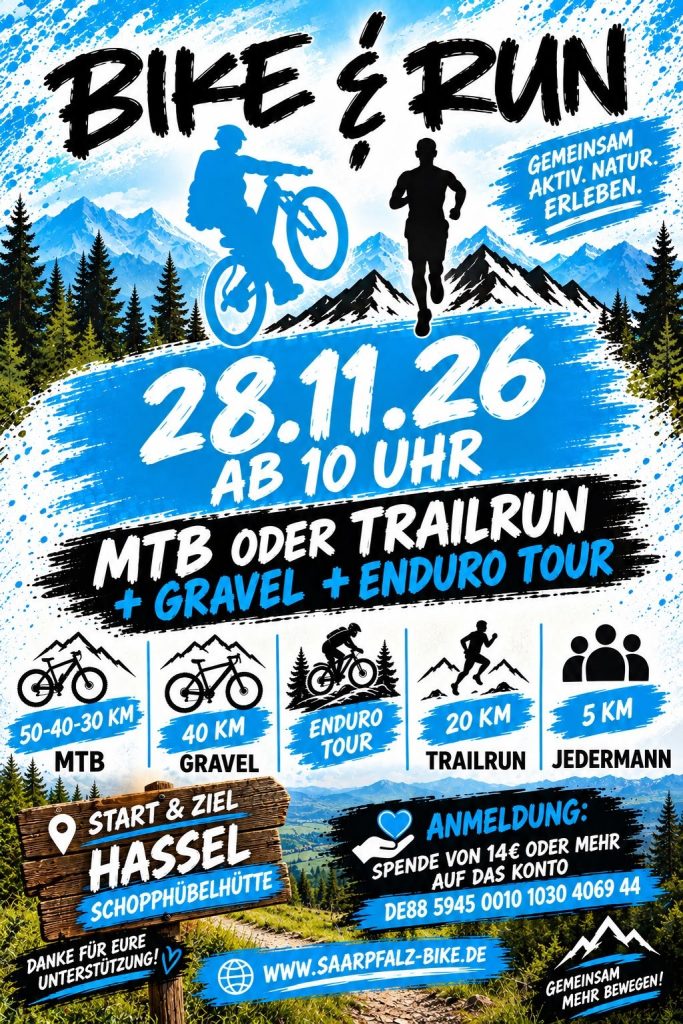 Plakat Bike & Run 28.11.26 ab 10 Uhr mit Mountainbiker und Läufer, Strecken und Start an der Schopphübelhütte Hassel