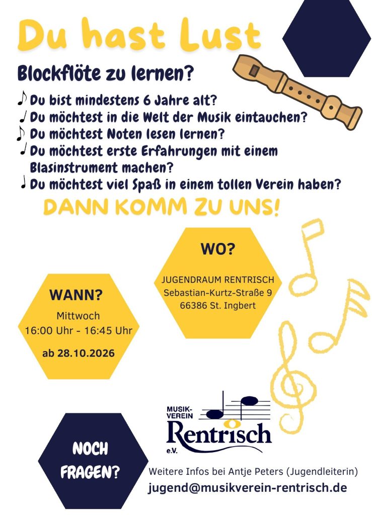 Flyer des Musikvereins Rentrisch zum Blockflötenkurs mit Termin und Ort