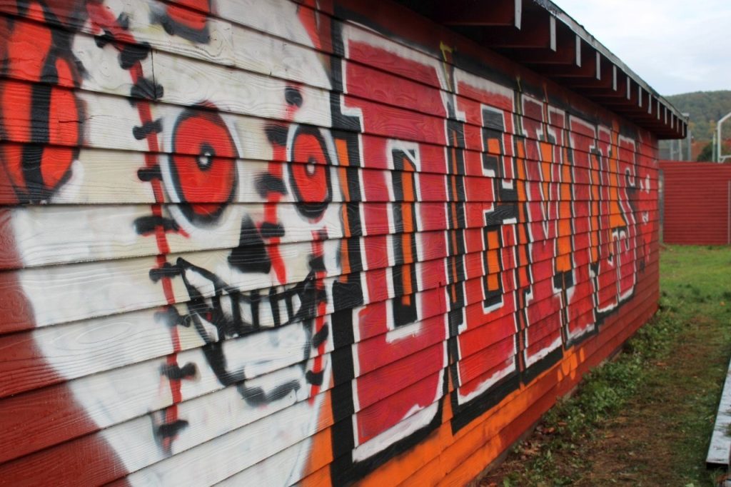 Graffiti mit Baseball-Gesicht und Devils-Schriftzug an einem roten Holzhaus